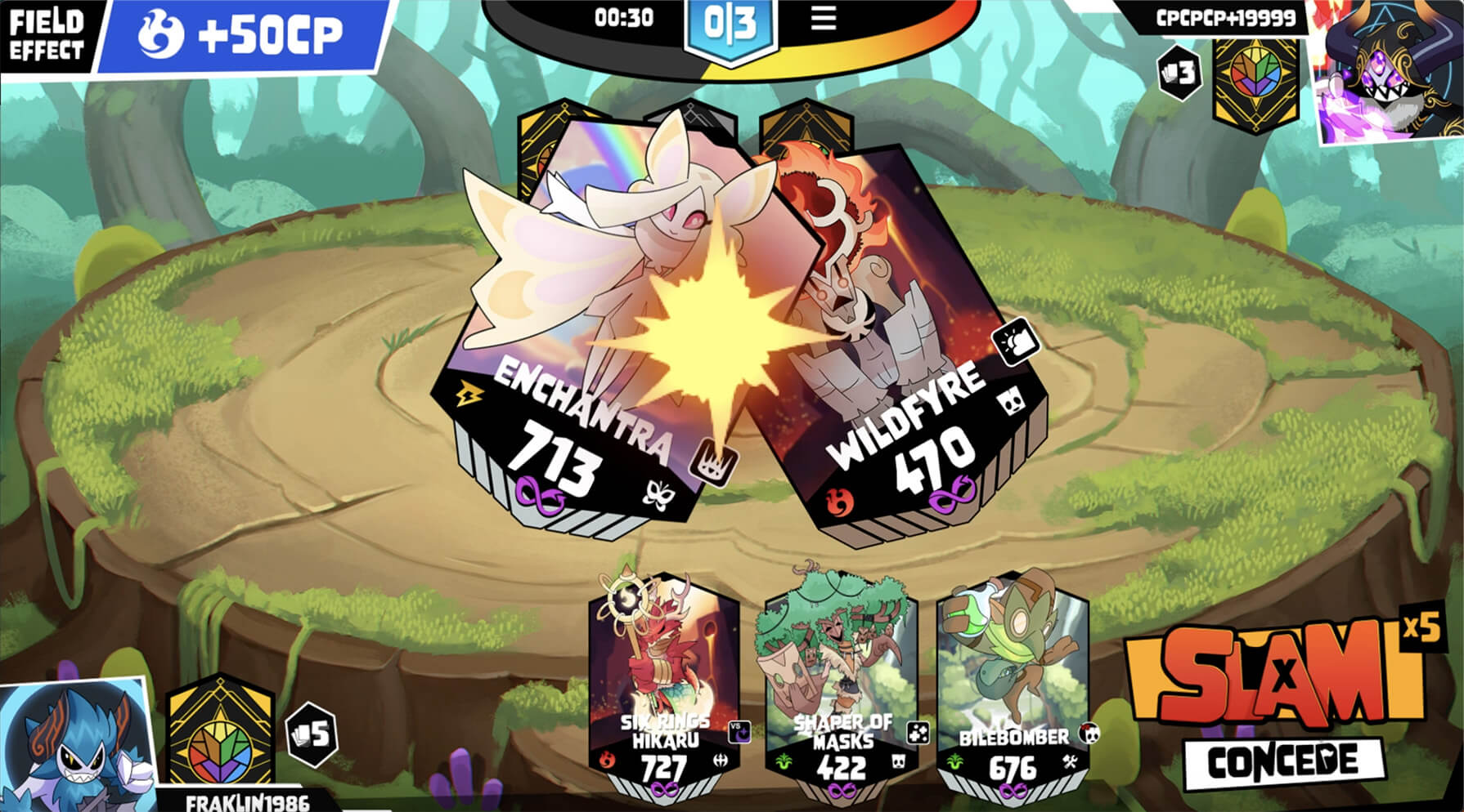 After both players have played a Poglin, they flip over, use their skills, and clash! The one with the higher CP wins, scoring a point.